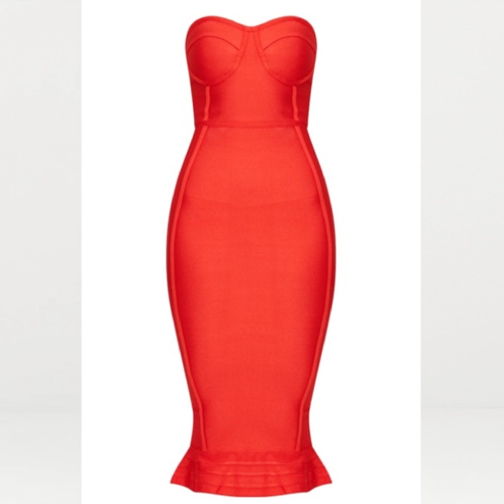 Red bandage bodycon frill hem midi dress
